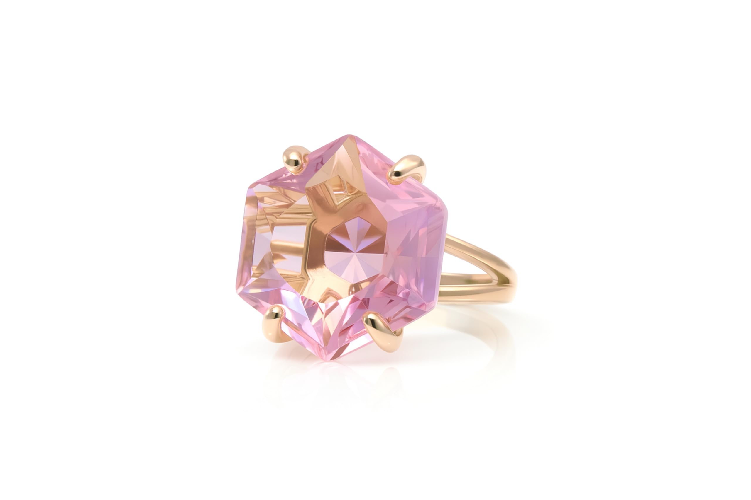 Anillo Hexagonal de Cuarzo Rosa - Anillo de Oro Amarillo Macizo - Joyería con Piedras Preciosas para el Amor Propio para Mujeres