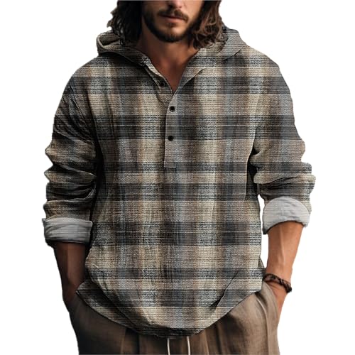 MARSVOVO Japanese Style Hooded Shirts for Men Long Sleeve Quarter Button Daily Light Weight Hoodie for Spring Fall
