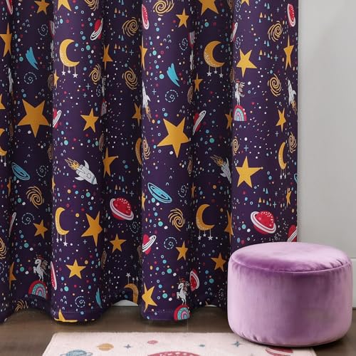 Image of Star Moon Unicorn Purple Blackout Kids Curtains 63 Inch for Girls Bedroom | Estelar Textiler Rainbow Planet Light Blocking Curtains,Grommet Thermal Insulated Drapes for Nursery,2 Panels,52Wx63L Inch