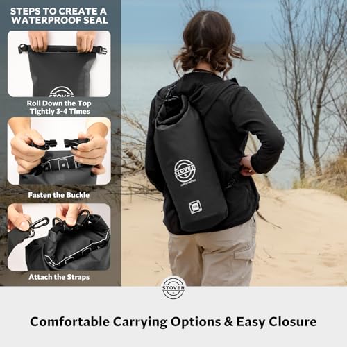 Image of STOVER 5 /10 /25 /30 /40L Waterproof Dry Bag, Medium Lightweight Roll Top Dry Bag Backpack w /Waterproof Phone Case, Kayaking, Travel, Hiking, Fishing, Tubing, Camping, the Beach, Men /Women (Black)