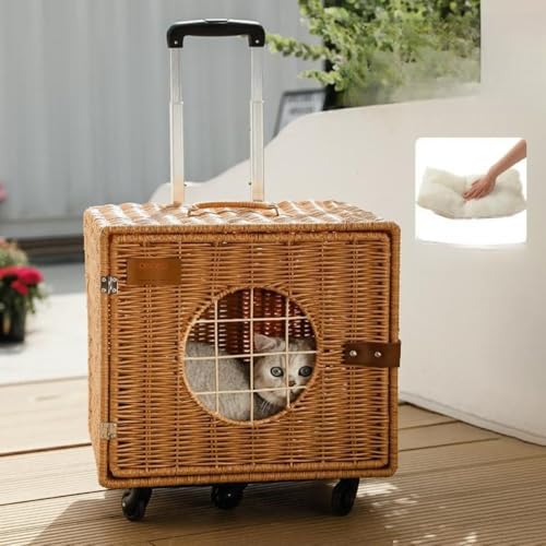 「FLYKING」籐製ペットキャリー リュック ペットキャリー キャスター付き 猫 猫用 キャリー カート 犬 小型犬 ペットキャリーケース 折り畳み 取り外し可能な車輪 ドライブ 旅行 通院 防災 避難用 キャリー (Color : A) (A)
