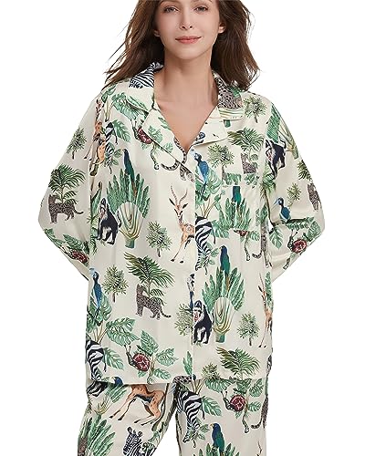 Image of YiNi LuLu Womens Silk Satin Pajamas Set Button Down 2 Piece Pjs Long Sleeve Oversized Sleepwear with Pockets