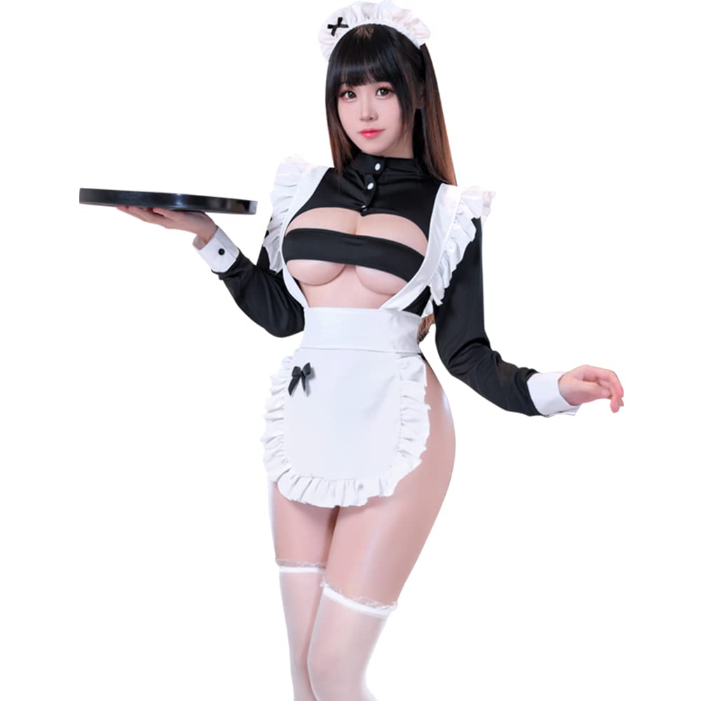 SINROYEE Damska seksowna bielizna cosplay japońskie anime strój pokojówki Halloween koronkowa bielizna babydoll zestaw seksowna francuska pokojówka, Czarny, rozmiar uniwersalny