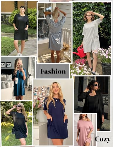 Image of Ekouaer Sleep Shirts for Women Nightgown Short Sleeves T shirt Night Dress Round Neck Womans Nightgown with Pocket S-XXL