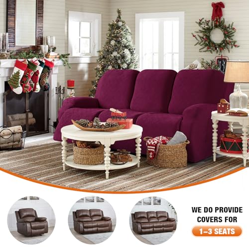 Image of VANSOFY Recliner Cover, 3-Pieces Stretch Reclining Couch Covers with Pockets Reclining Sofa Slipcovers 3 Seater Soft Washable Furniture Protector for Dogs Cats(Burgundy)