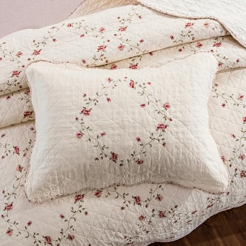 Quilt Set Floral Leaves 3D Embroidery Pattern 3 PCS Cotton Reversible Quilted Embroidered Decorative Bedspreads Coverlet Set, Lightweight &Soft Full Size Beige Bedding Coverlet for All Season - Image 8