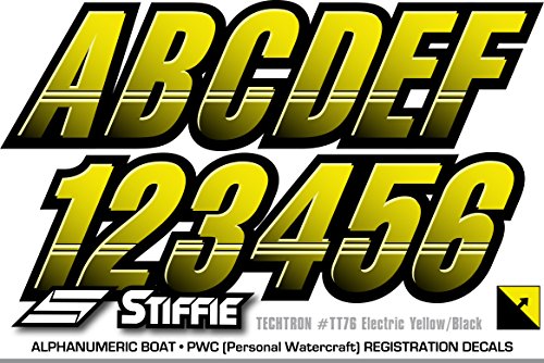 Image of STIFFIE Techtron Electric Yellow /Black 3 inch Boat & PWC Registration Decals • Numbers Letters Stickers