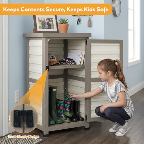 Image of PetsCosset Small Outdoor Storage Cabinet, Wood & Plastic Potting Bench Table Tool Organizer for Patio Backyard Garden, Metal Top, Adjustable Shelf, Corner Storage for Narrow Spaces