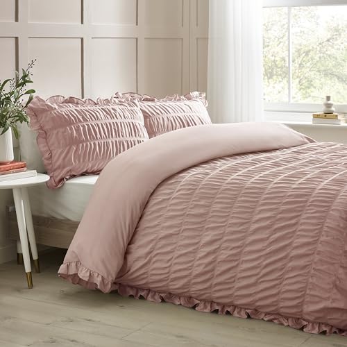 Catherine Lansfield Seersucker Rüschen-Bettwäsche-Set mit Kissenbezug, für Einzelbett, Rosa