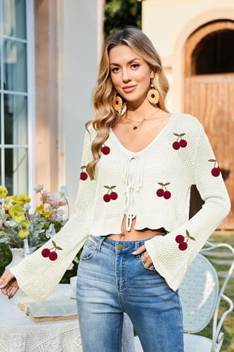 Image of Balimtoy Women Tie Front Cardigan Crochet Sweater Crop Tops Cute Bell Long Sleeve Knit Shrug Beach Vacation Cover Up
