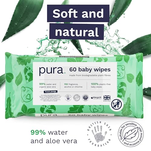 Pura Eco Friendly Baby Wipes, 99% Water, 100% Plastic Free, Biodegradable, Compostable, Vegan, Suitable for Sensitive, Eczema Prone and Newborn Skin, Vegan, 1 Pack of 60 Water Based Wet Wipes - Image 6