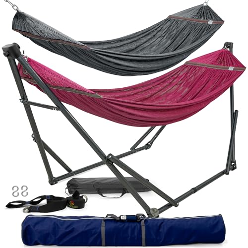 Image of Tranquillo Combo x2 Hammocks with Stand for Outside & Tree Straps, Heavy Duty Hammock with Stand 600lbs for Indoor Outdoor Patio Backyard, x2 Hammocks for 2 Person (Combo - Red, Medium)