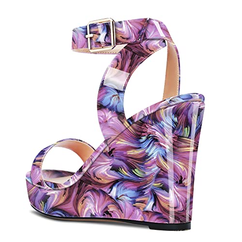 Aachcol Women Platform Wedge Sandals Round Peep Open Toe Ankle Strap Slingback Two-Piece Chunky Block High Heel Dress Shoes Pumps Party Patent 4 Inch3