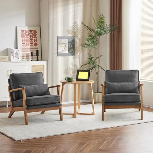 Image of Mid-Century Accent Relax Chair - Wide Armrest Lounge Chair with Linen Fabric with Lumbar Pillow & Solid Wood Frame for Living Room, Bedroom Balcony and Outdoor - Set of 2, Grey