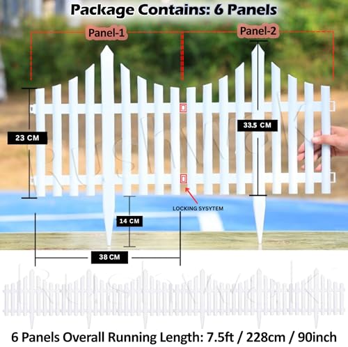 Image of Rushwak Garden Fence Outdoor (6 Panels - 7.5ft Total Running Length) Fence for Garden Fencing Plastic PVC Durable Easy Installation Decorative Picket Fence Border Edging for Lawn Pathway & Flower Beds
