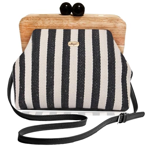 Abuyall Women Small Retro Kiss Lock Pu Leather Vintage Purses and Handbags Tote Bags (Black-beige-stripe)