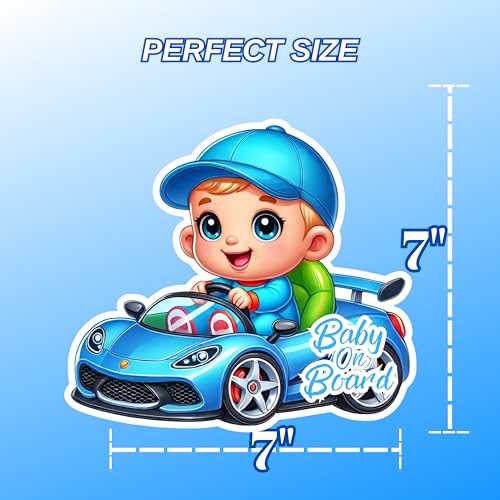 Image of Premium Baby On Board Signs, Car Essentials - Baby On Board Sticker - 1 Pack, 7 inch by 7 inch - Cute - Cartoon Safety Signs - Non Magnet - Durable Strong Adhesive (Blue Sport Car)