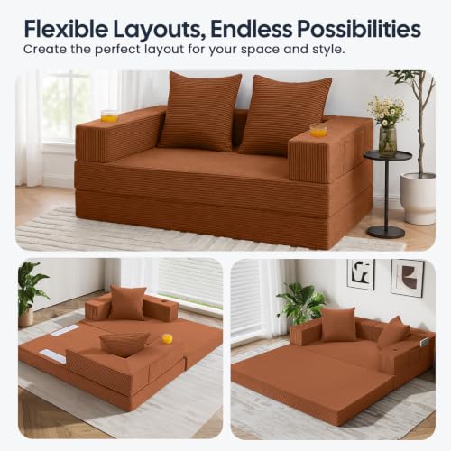 Image of COMAX Futon Sofa Bed, 4‑in‑1 Convertible Sofa Bed, Folding Boneless Couches | Boneless Couch for living room, Fold Out Small Foldable Loveseat Floor Sleeper Mattress Lounge Space‑Saving, Orange