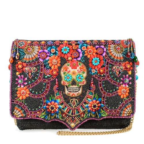 Mary Frances Fiesta Flair Beaded Crossbody Handbag Sugar Skull Clutch Colorful Vegan Novelty Bag with Removable Chain Strap, Black