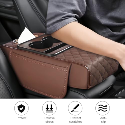 Image of Car Armrest Cushion, 5-in-1 Nappa Leather Vehicle Centre Console Cover with 2 Storage Pockets, Cup Phone & Phone Holder, Multifunctional Auto Organiser Accessories, Universal Fit (Coffee)