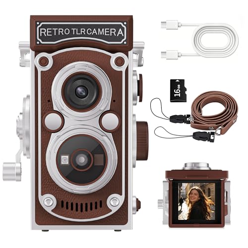Mini Retro TLR Digital Camera, Portable 24MP 1080P FHD Vintage Point and Shoot Pocket Travel Camera with Twin Lens, Autofocus, 16X Digital Zoom, 16GB Card, for Beginners, Teens & Adults - Brown