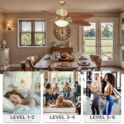 DWVO 52" Tropical Ceiling Fan with Light & Remote, Adjustable 3-Color Lighting, Quiet 6-Speed DC Motor, 5-Blade Reversible for Bedroom, Living Room & Indoor Use