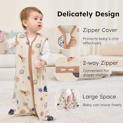 Image of Baby Sleep Sack 18-24 months, 100% Cotton Sleeping Sack for Newborn and Infant, 3 Pack Baby Wearable Blanket for Boy and Girl, 0.5 Tog Lightweight Double Zipper Sleep Bag Coffee Dinosaur Planet