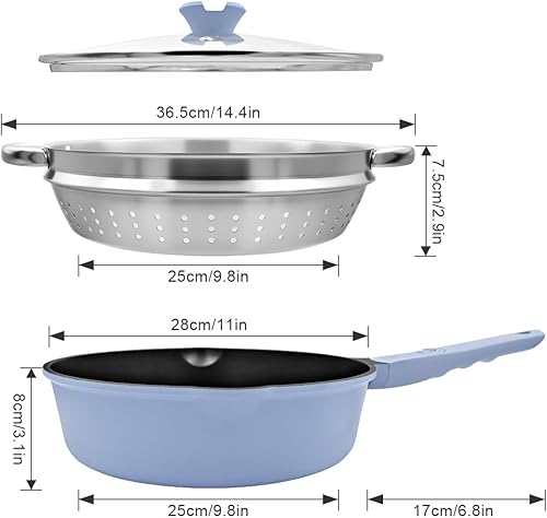 Miniatura 2 de Bobikuke Sartén antiadherente de 11 pulgadas con tapa, juego de 4 piezas (sartén de 4.5 cuartos de galón con tapa, cesta de vaporcolador, espátula