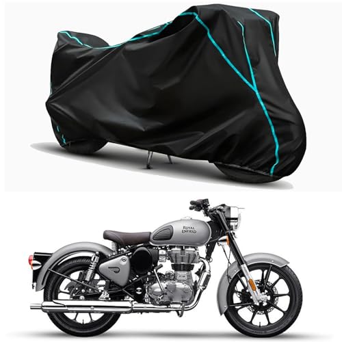 Image of Waterproof Bike Body Cover Compatible for | Royal Enfie Bullet 350 BS6 | Taffeta Fabric, Sky Piping Design, Bottom Elastic Fit | Dustproof, Sun UV & Rain Protection for All Weather.