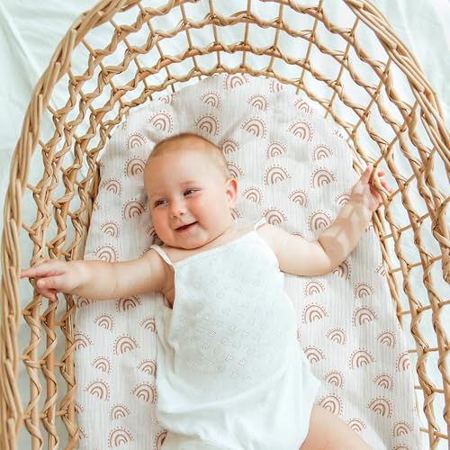 Image of Muslin Bassinet Fitted Sheets 2 Pack, Soft Breathable Cotton Baby Bassinet Mattress Sheet Set, 360 Elastic Snug Fit, Universal for Oval, Rectangle (Lattice Rainbow, Bassinet Sheets 2 Pack)