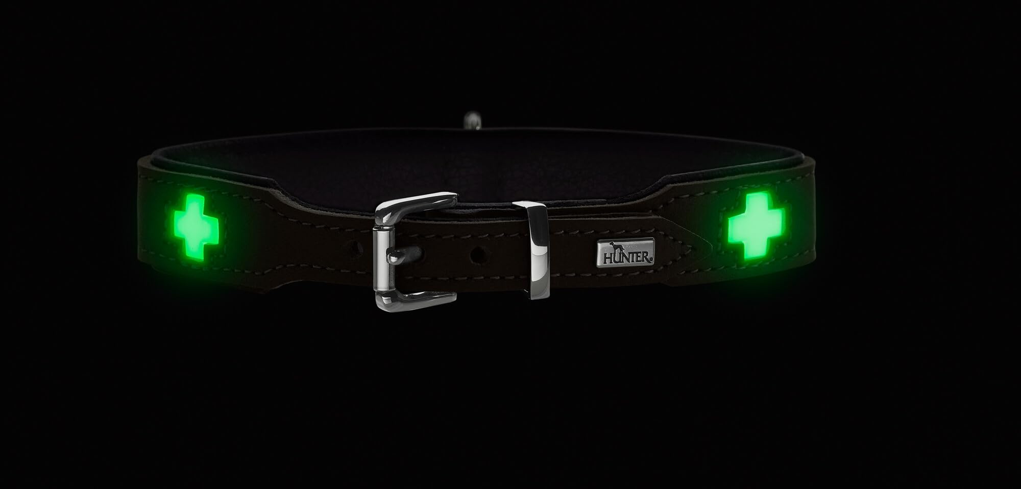 HUNTER Hundehalsband Swiss Glow aus weichem Rindsleder, Fluoreszierende Kreuze leuchten im Dunkeln, handgenäht, Made in Germany, Farbe: steingrau, Größe: 42