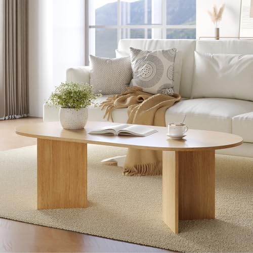 YOUDENOVA Table basse ovale en bois moderne avec rangement pour salon Coffee Table Petit meuble pour salon Chêne naturel 120 x 60 x 40 cm
