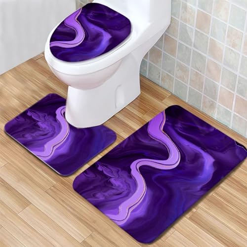 Badteppich Set Abstrakter Marmor lila Badezimmerteppich Set 3 Teilig Weicher Mikrofaser Bad Teppiche WC Vorleger Waschbar rutschfeste Badvorleger Toilette Teppich