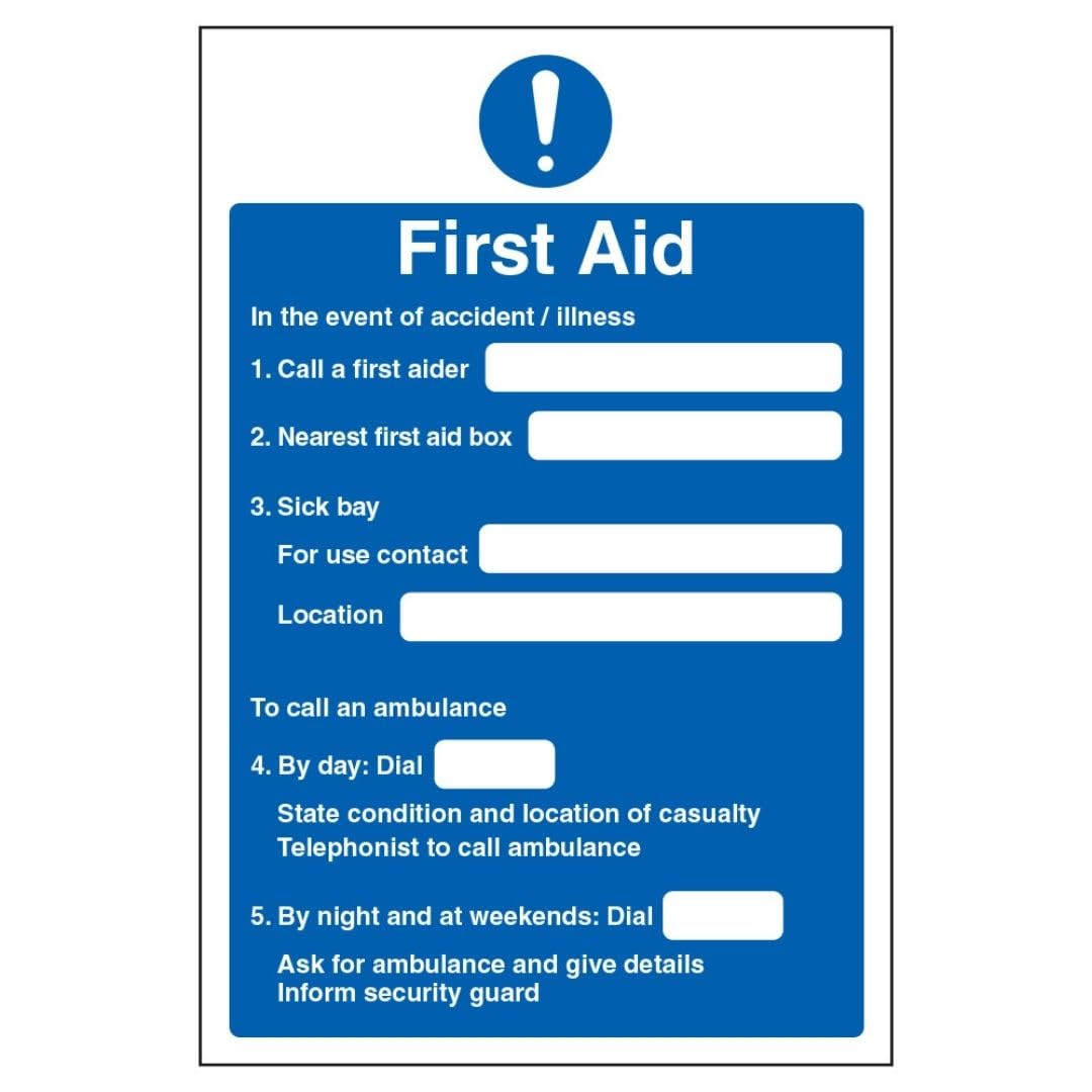 V Safety First Aid Action Notice 210 x 297 mm (A4) - 1mm Rigid Plastic Safety Sign