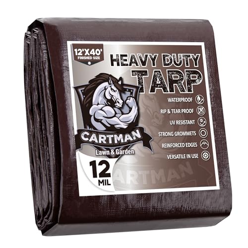 CARTMAN Finished Size 12x40 Feet Extra Thick 12 Mil Heavy Duty Poly Tarp Multipurpose Protective Cover UV Resistant Waterproof Poly Tarpaulin with Reinforced Edges