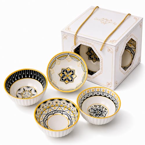 Image of Japanese Style Ceramic Bowl Set of 4 with Gift Box | 300ml Snack Dessert Soup Bowls, Ribbed White Bowls with Handcrafted Patterns, Microwave & Dishwasher Safe (Golden Eclipse)