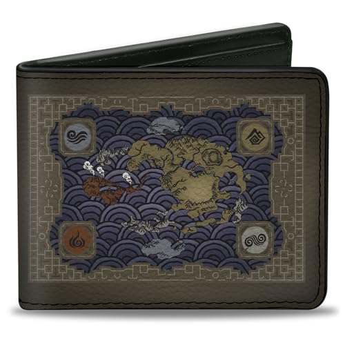 Nickelodeon Wallet, Bifold, Avatar Elements Map with Icons and Title Logo Browns, Vegan Leather
