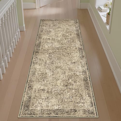 2x6 Runner Rug Washable Vintage Neutral Indoor Hallway Carpet Non Slip Brown Bedroom Low Pile Kitchen Distressed Long Retro Accent Throw Rug for Bathroom Dining Laundry Living Room