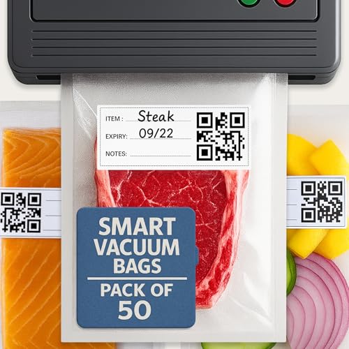 Sacchetti Sottovuoto per Conservazione Alimenti - Confezione da 50 Sacchetti Sottovuoto con Codice QR Intelligente - 20 x 30 cm, Senza BPA, Spessore 3,5 Mil - Sacchetti per Preparazione Alimenti