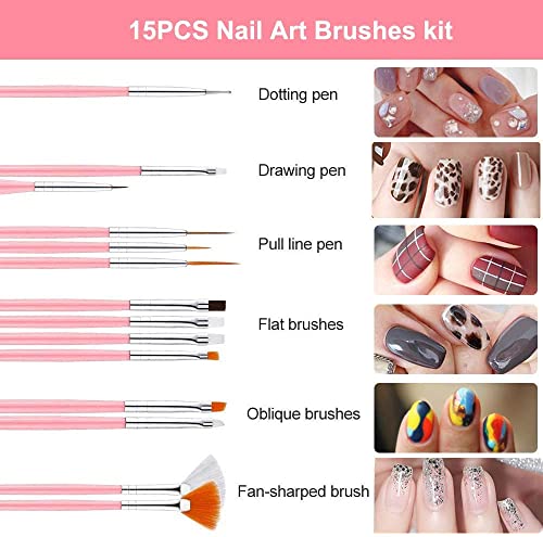Pinsel für Gelnägel,Nail Art Pinsel Set,15 Stücke Nagel Pinsel,10 Rolle Streifenband Nägel,5 Stücke Dotted Pen,2 Boxes… – Bild 3