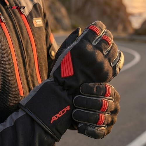 Image of Axor Sela Waterproof Riding Gloves:Insulated /Touchscreen-Friendly /Full Gauntlet with PVC Knuckle Protection & Sport Touring Fit for All-Weather Performance-Black Grey-M