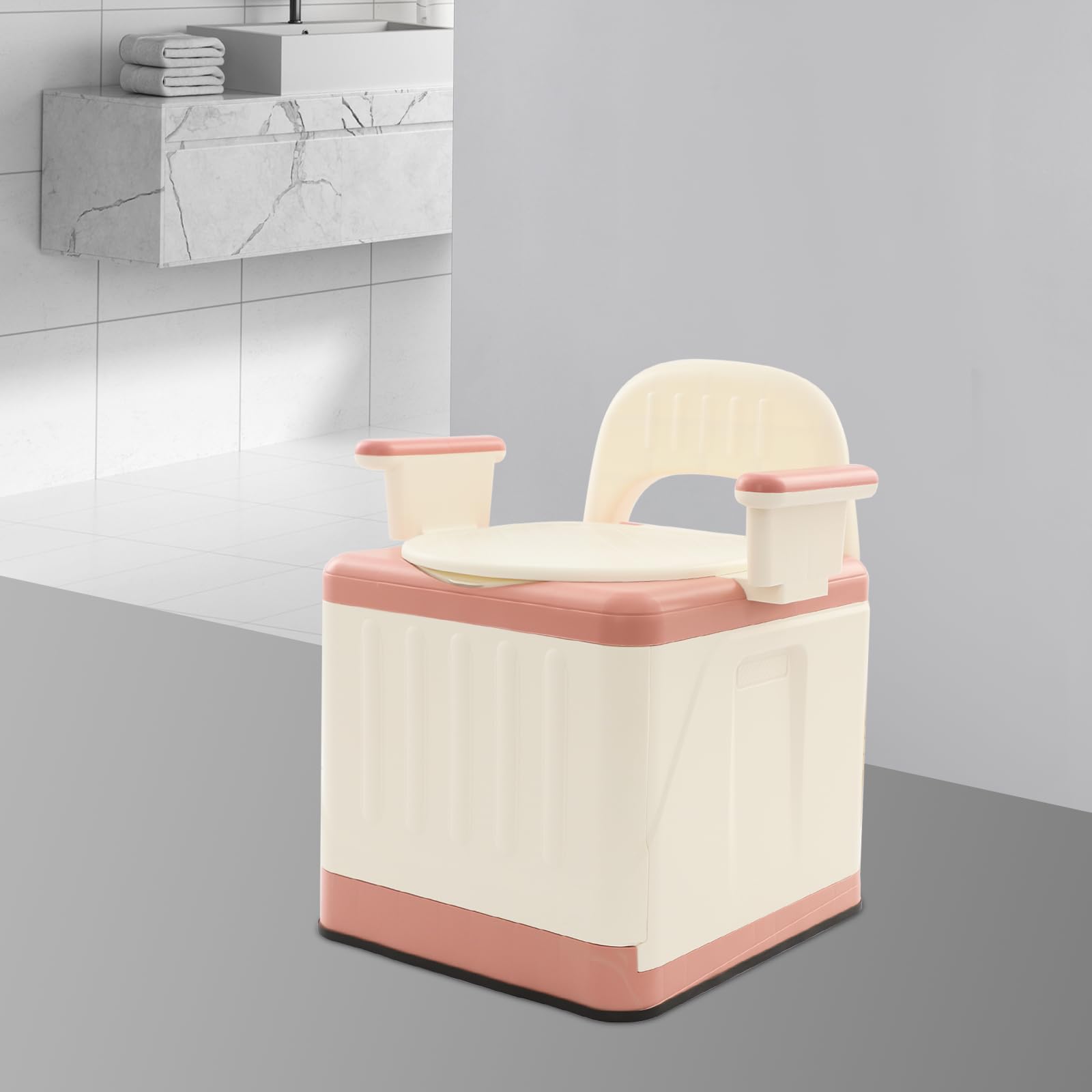Przenośna toaleta Bedside komoda toaletowa z pokrywką, przenośne krzesło do toalety z uchwytami, obciążenie 150 kg, do łazienki, sypialni, podróży, na kemping (różowa)