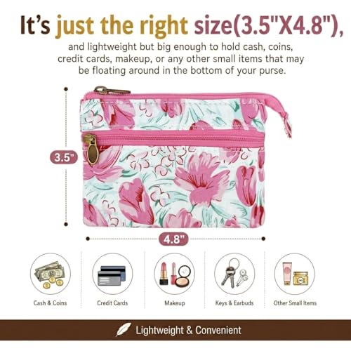 Image of Women Small Zipper Coin Purse, Handmade Fabric Flower Embroidered Change Pouch, Cotton Double Zipper Wallet