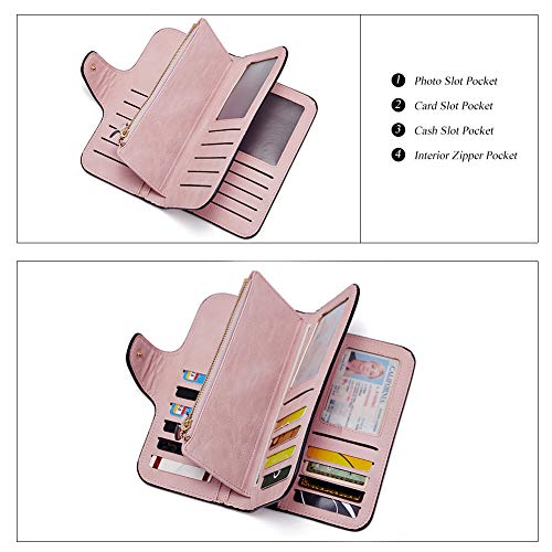 Image of CLUCI Wallet For Women PU Leather RFID Blocking Womens Wallet Bifold Card Holder with ID Window Gifts for Women Birthday, vintage Two-toned Pink, Large, Fashion