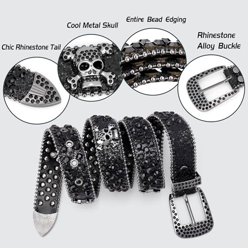 Rhinestone Belts for Women Men, Bling Studded Genuine Leather Skull Belt, Western Style, Genuine Leather belts2