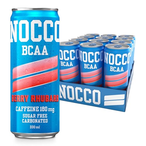NOCCO Sugar Free Energy Drink – 180mg High Caffeine, Enriched with Amino Acids & Vitamins, Ideal for Pre Workout – 12 x 330ml (Berry Rhubarb)
