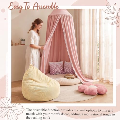 Image of 5 Pcs Reading Nook Set for Kids, Kids Reading Corner Decor with Bean Bag Chair Cover & Throw Pillow Cover(No Filler) Canopy and Flower Pillow for Bedroom Playroom Nursery(Pink)