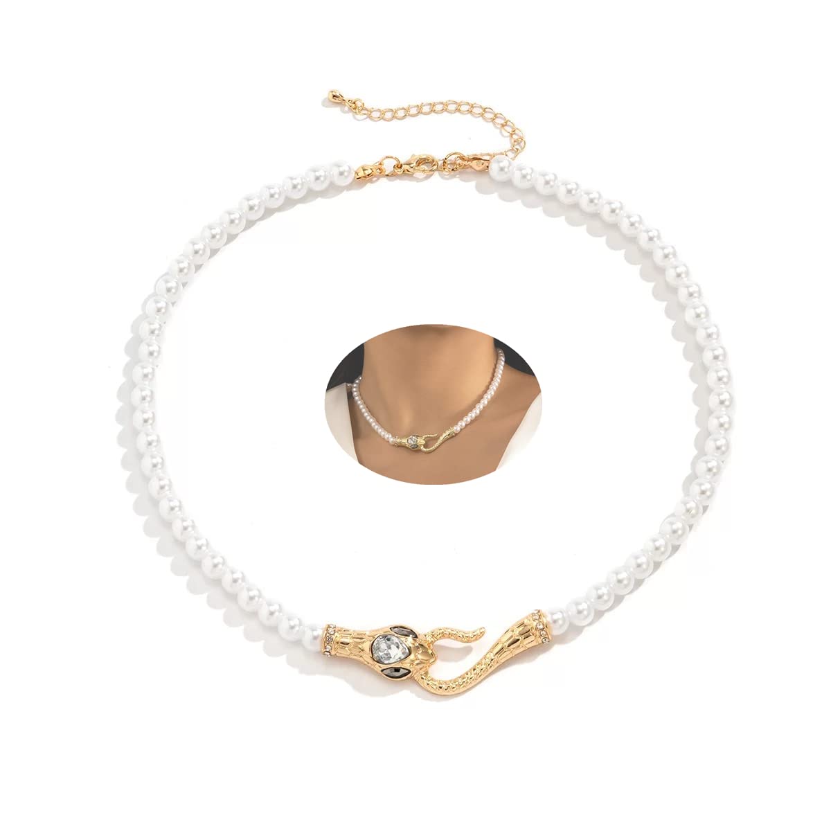 POYDORARhinestone Faux Snake Pearl Necklace for Women Jewelry, Fake Pearl Collar Pendant a Necklace Men with Charm for Girls Y2k Jewelry Ladies' Wedding Pearl Bead Chain Crystal Choker