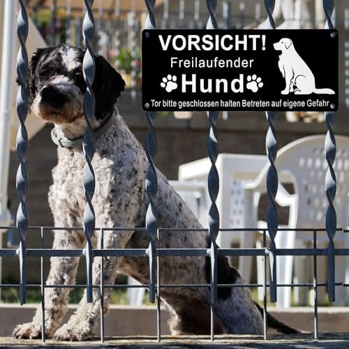 Vorsicht Hund Schild Warnschild für Freilaufenden Hund 25x9cm Selbstklebend Aluminium mit Löchern Schrauben Kabelbinder