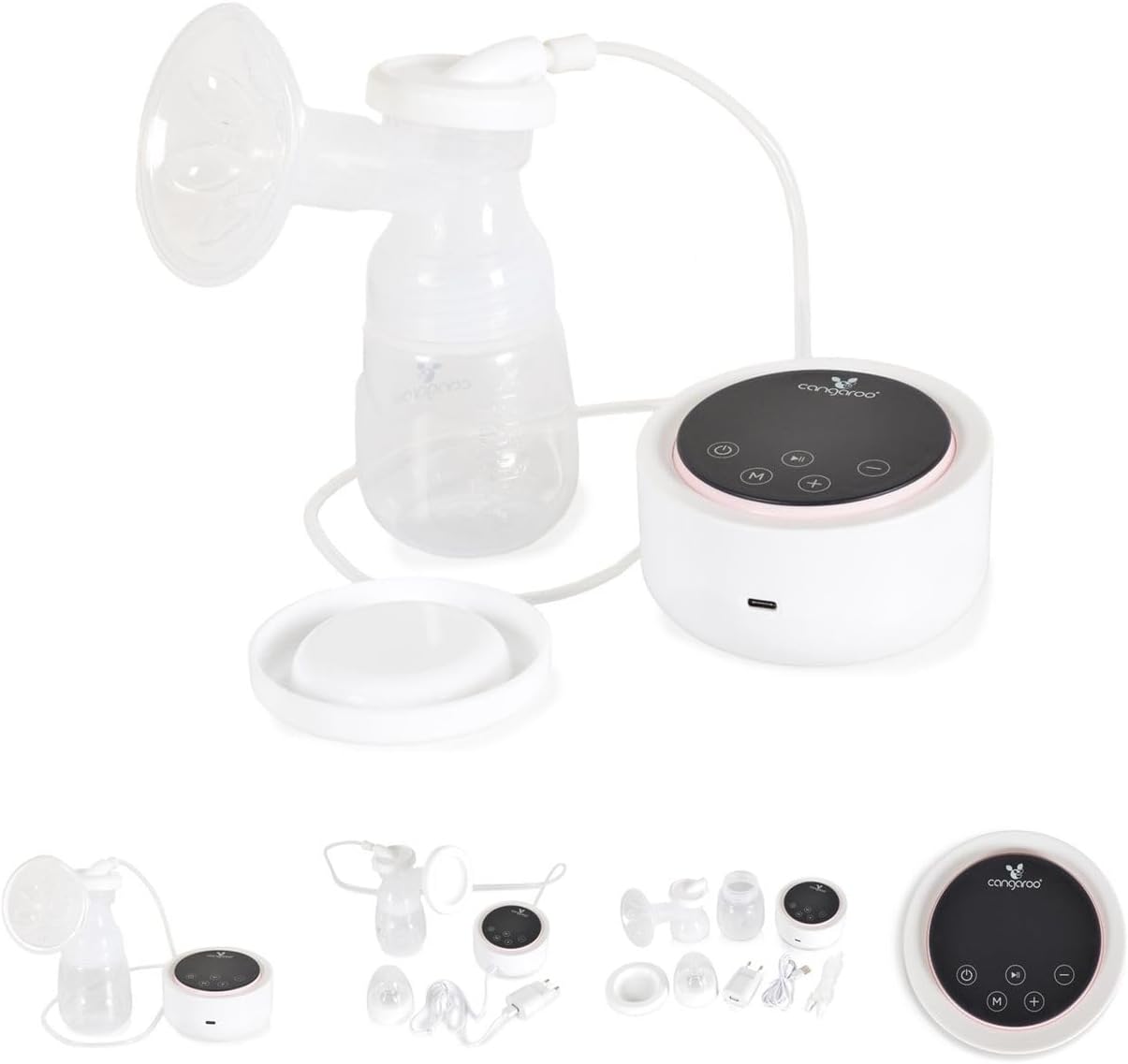 Assembled Cangaroo Mia Electric Breast Pump showing the motor unit connected to the breast shield and bottle via a tube.